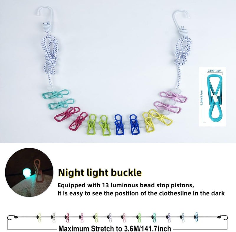 Sarmyarc Retractable Travel Clothesline，Portable Clothesline Clothing line with 12 Clothes Clips， for Indoor and Outdoor Laundry Drying line，Outdoor Camping Accessories - with Luminous Buckle (White) - Image 3